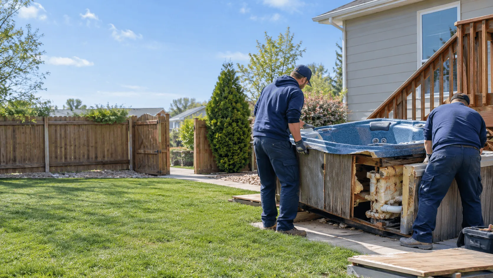 Crew preparing an old backyard hot tub for removal